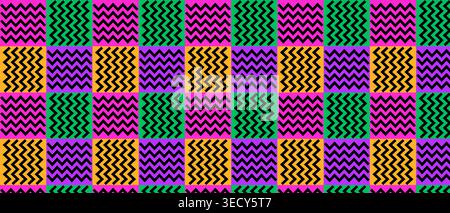 Ethnic geometric design featuring black chevron lines on a checkered background of vibrant neon colors creating a rhythmic and cultural textile art ae Stock Photo