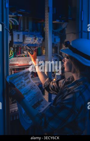 Electrical engineer inspecting power system blueprint near switchboard. Professional inspection. Stock Photo