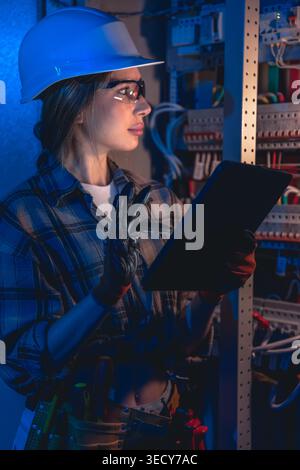 Female electrician inspecting electrical switchboard with tablet device. Modern electrical work. Stock Photo