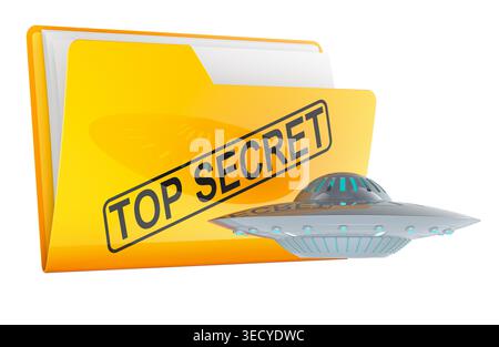 Yellow top secret folder with flying saucer, concept of classified UFO files and secret government documents, 3d rendering isolated on white backgroun Stock Photo