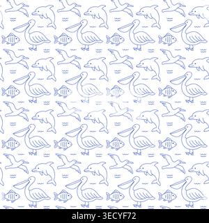 Seamless pattern with pelicans, dolphins, seagulls and fish in blue line style on white background. Outline ocean life print. Stock Vector