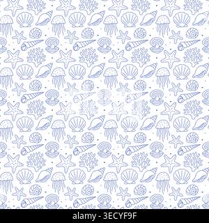 Seamless pattern with seashells, starfish, jellyfish and coral in blue line style on white background. Outline underwater print Stock Vector