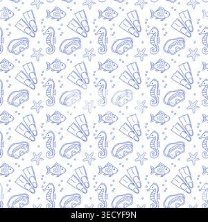 Seamless pattern with diving masks, fins, fish and seahorses in blue line style on white background. Outline diving print.  Stock Vector