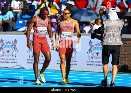 GABORONE, BOTSWANA: Saturday 02 May 2026, Aaron Brown and Andre De Grasse of Canada celebrate their victory in the heats of the mens 4x100m relay and also qualification to the 2027 World Championships in Beijing, China, during Day 1 of the 2026 Debswana World Athletics Relays held at the Botswana National Stadium. The championships take place on Saturday and Sunday 02 to 03 May 2026.  Photo by Roger Sedres/ImageSA Credit: Roger Sedres/Ģ����ý Live News Stock Photo