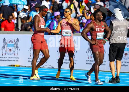 GABORONE, BOTSWANA: Saturday 02 May 2026, Aaron Brown and Andre De Grasse of Canada celebrate their victory in the heats of the mens 4x100m relay and also qualification to the 2027 World Championships in Beijing, China, during Day 1 of the 2026 Debswana World Athletics Relays held at the Botswana National Stadium. The championships take place on Saturday and Sunday 02 to 03 May 2026.  Photo by Roger Sedres/ImageSA Credit: Roger Sedres/Ģ����ý Live News Stock Photo