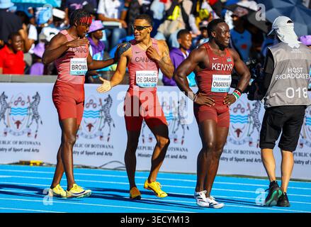 GABORONE, BOTSWANA: Saturday 02 May 2026, Aaron Brown and Andre De Grasse of Canada celebrate their victory in the heats of the mens 4x100m relay and also qualification to the 2027 World Championships in Beijing, China, during Day 1 of the 2026 Debswana World Athletics Relays held at the Botswana National Stadium. The championships take place on Saturday and Sunday 02 to 03 May 2026.  Photo by Roger Sedres/ImageSA Credit: Roger Sedres/Ģ����ý Live News Stock Photo