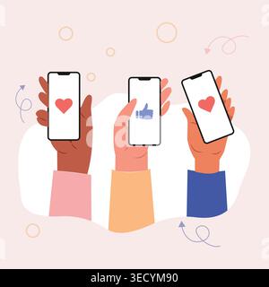 Flat illustration of hands holding smartphones showing likes and social interaction, representing communication, engagement, and digital connectivity. Stock Vector