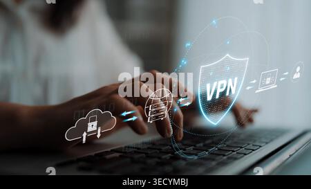 VPN security protects network access. VPN security encrypts data, hides identity, VPN security defends traffic, and VPN security secures connection Stock Photo