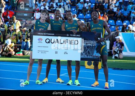 GABORONE, BOTSWANA: Saturday 02 May 2026, Leendert Koekemoer, Mthi Mthimkulu, Zakithi Nene and Udeme Okon of South Africa qualified for the 2027 World Championships in Beijing, China, in the mens 4x400m relay during Day 1 of the 2026 Debswana World Athletics Relays held at the Botswana National Stadium. The championships take place on Saturday and Sunday 02 to 03 May 2026.  Photo by Roger Sedres/ImageSA Credit: Roger Sedres/Ģ����ý Live News Stock Photo