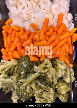 Steamed mixed vegetables with broccoli florets, baby carrots, and cauliflower in a buffet tray. Stock Photo
