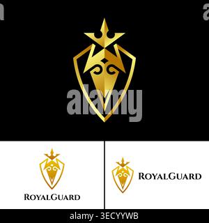 Shield icon with crown and sword. Abstract security logo design. Stock Vector