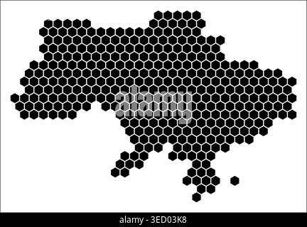 Ukraine simple black and white hexagon map shape template. Country plain hexagon cell dots. Ukraine flat honeycomb boundary. Vector illustration. Stock Vector