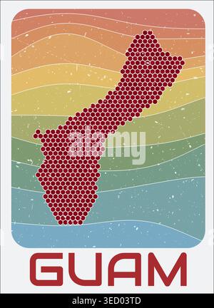 Guam vintage logo. Hexagon dots shape of the country on retro colored stripe waves background. Guam map design with grunge scratch texture. Stock Vector