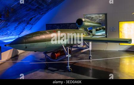 Helfaut, France - 31 Jul 24: Panoramic view of a V-1 flying bomb exhibit on a stand inside La Coupole museum in Helfaut near Saint-Omer, Hauts-de-Fran Stock Photo