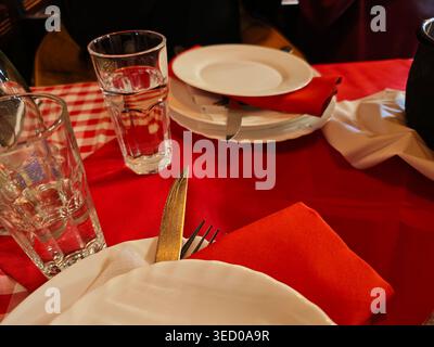Restaurant Table Setting Glasses Plates Cutlery Napkins Stock Photo