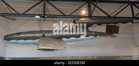 Panoramic view of a suspended V-1 flying bomb display inside La Coupole museum in Helfaut near Saint-Omer, Hauts-de-France, France. Stock Photo