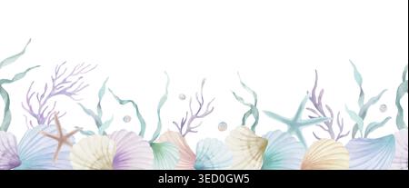 Watercolor seamless sea border with seashells, corals, starfish,  seaweed. Hand painted marine underwater horizontal pattern on white. Vector EPS. Stock Vector