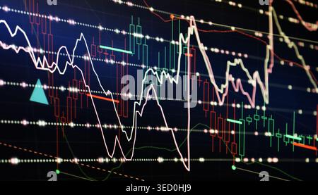 The futuristic background features glowing red and green candlestick charts, fluctuating trend lines, and dotted market indicators on a dark display. Stock Photo