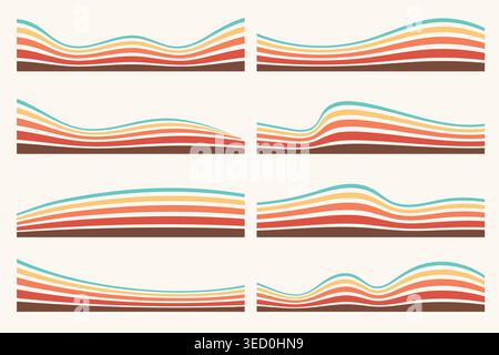 Wavy divider vector shapes. Curved borders and headers with rainbow striped texture for website page design. Separator bottom, simple modern Stock Vector