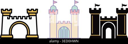A stylized illustration set featuring three castle gate designs in different colors and architectural styles. Stock Vector