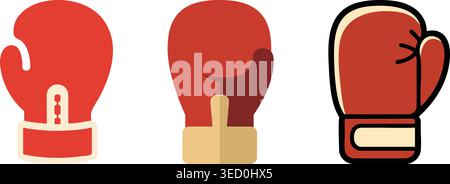 A flat illustration set featuring three boxing gloves in different styles and colors. Stock Vector