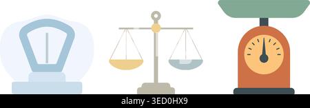 A flat illustration set featuring different types of weighing and measurement scales, including a bathroom scale, balance scale, and hanging dial scal Stock Vector