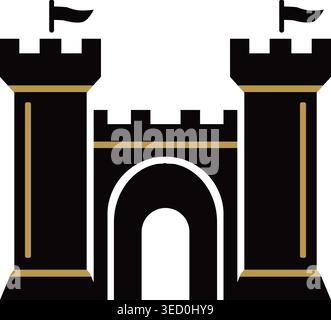 Simple illustration of a dark medieval fortress with towers flags and a large arched doorway Stock Vector