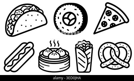 Vector illustration set of fast food and international cuisine in black and white outline style, including taco, sushi, pizza, hot dog, and dim sum. Stock Vector