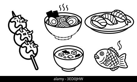 Vector illustration set of traditional Japanese cuisine in black and white outline style, including takoyaki, ramen noodle soup, and sushi nigiri. Stock Vector
