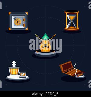 A collection of luxury lifestyle and wealth-themed flat vector illustrations featuring a safe box, hourglass, golden trophy, whiskey decanter, and cig Stock Vector
