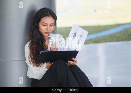Focused businesswoman sits against a column, reading financial charts on a clipboard with a pen in hand, showing office planning, data review, concent Stock Photo