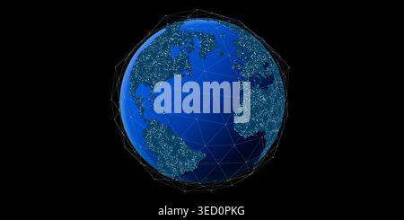 Planet Earth globe featuring glowing digital network connection dots lines intersecting across dark background creating modern global internet communi Stock Photo
