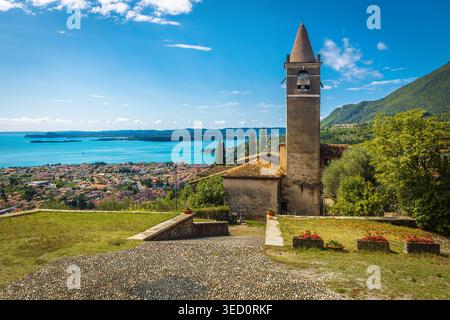 Famous old St Michele church on the hill with amazing view, Lake Garda, Toscolano Maderno, Lombardy, Italy, Europe Stock Photo