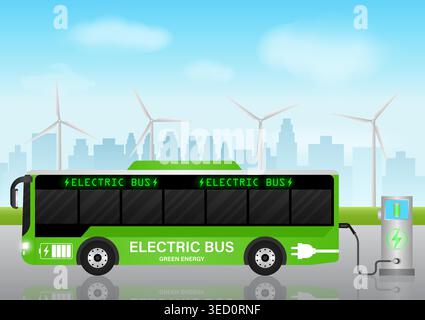 Electric Bus charging at  Charging Station. Green Energy or Eco-friendly Concept. Vector Illustration. Stock Vector