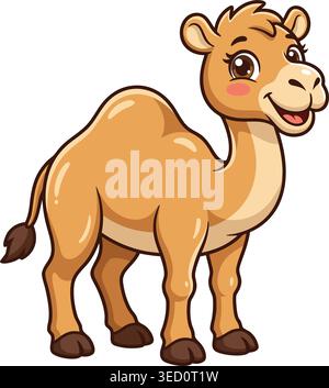 Cute baby camel cartoon character standing with a happy smile and big glossy eyes Stock Vector