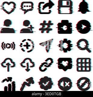 Set of modern social media and user interface icons with glitch distortion effect. Stock Vector