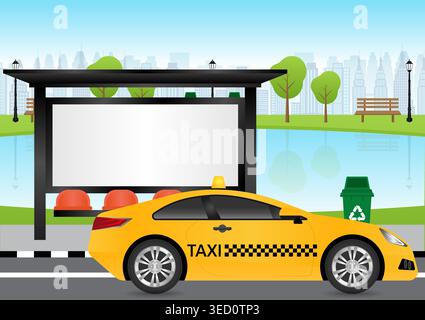 Taxi Drive along the Road in the City. Taxi Service Concept. Vector Illustration. Stock Vector