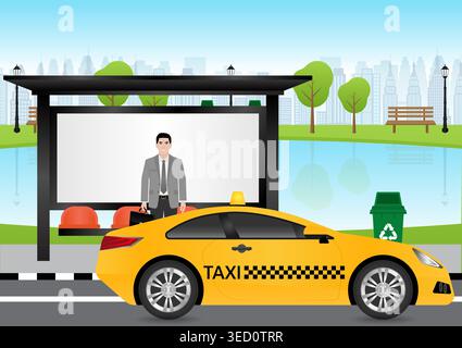 Taxi Drive along the Road in the City. Taxi Service Concept. Vector Illustration. Stock Vector