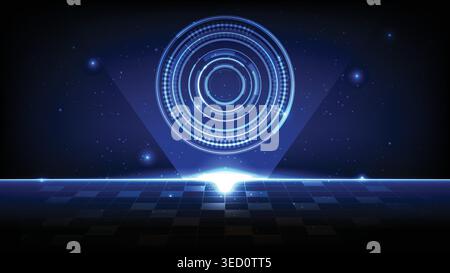 Abstract high tech background featuring digital HUD elements, circuit circles and glowing grid Stock Vector