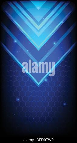 Abstract high tech background featuring glowing chevrons, neon lights and a digital hexagon grid Stock Vector
