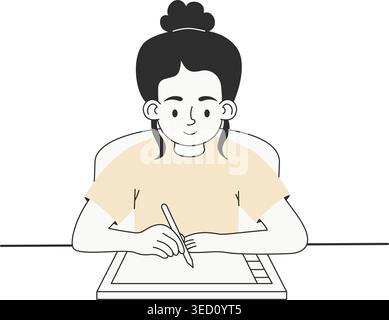 Female Artist Drawing on Graphics Tablet with Stylus. Girl Working as Digital Illustrator or Designer. Flat Minimalist Vector Illustration. Creative P Stock Vector