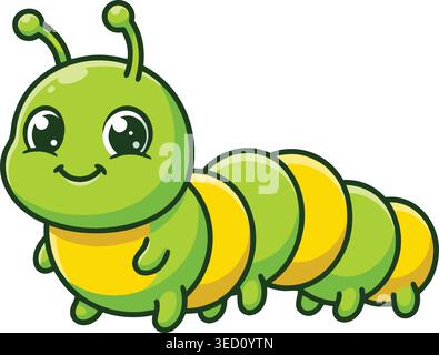 Cute Green and Yellow Caterpillar Cartoon Character Crawling with a Happy Smile and Big Glossy Eyes Stock Vector