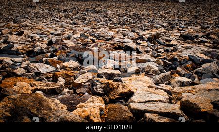 A vast area is covered with different sizes of rocks and stones. The surface is dry and uneven, showing a mix of colors and textures under bright sunl Stock Photo