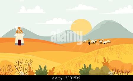 Countryside landscape with wheat fields and pastoral sheep for rural banners, farm packaging, and eco or agriculture poster design. Minimal vector Stock Vector