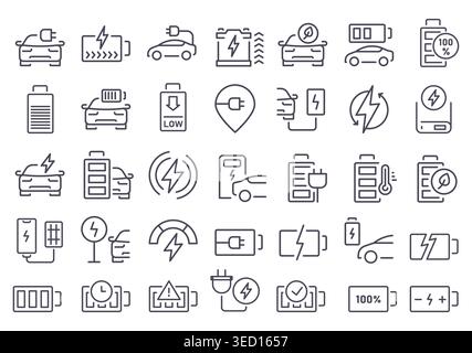 Electric vehicle battery icon set with charge gauges and power cables for smart dashboard UI, renewable energy infographics, and clean transport Stock Vector