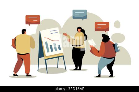 Teamwork meeting illustration with flipcharts and data graphs for business presentations, corporate training, and startup strategy or workshop design Stock Vector