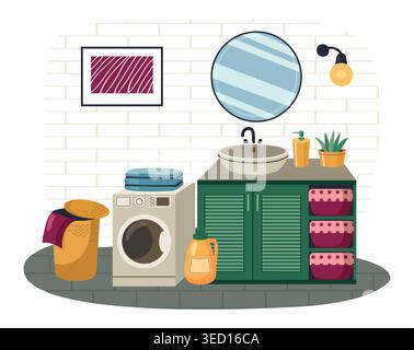 Laundry room interior with washing machine and utility sink for household chore posters, cleaning instruction banners, and home app or website design Stock Vector