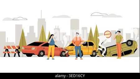Car accident crash scene with emergency services and traffic damage for insurance claim banners, safety infographics, and urban warning or website Stock Vector