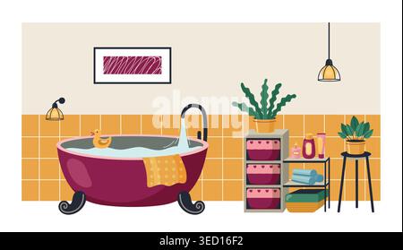 Bathroom illustration with clawfoot tub and hygiene essentials for home spa banners, wellness posters, and self care routine or website header design Stock Vector