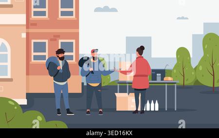 Volunteer charity illustration with donation tables and community support for nonprofit campaign banners, humanitarian outreach posters, and social Stock Vector